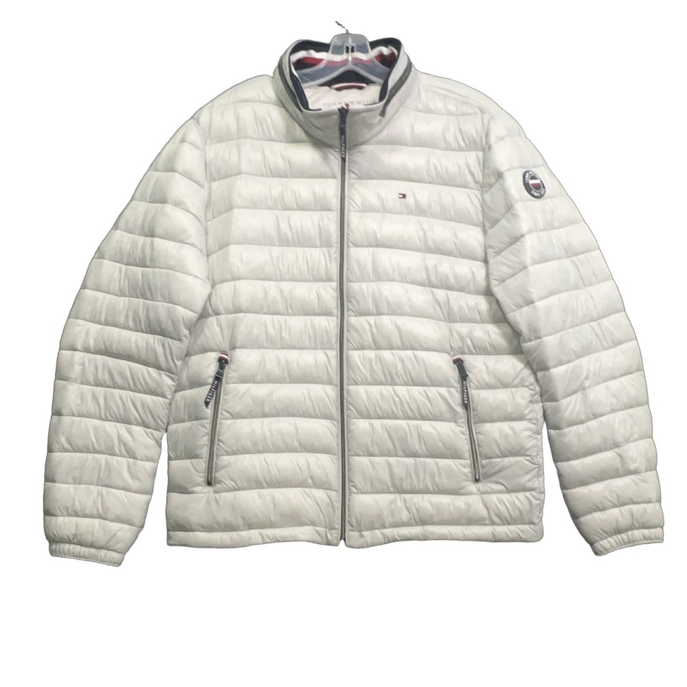 Tommy Hilfiger Men's Lightweight Puffer Jacket White Nylon Zip And Stowaway Hood